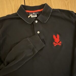 Psycho Bunny Patchin Chenille Bunny L/S Polo Black Men's Shirt Sz 7